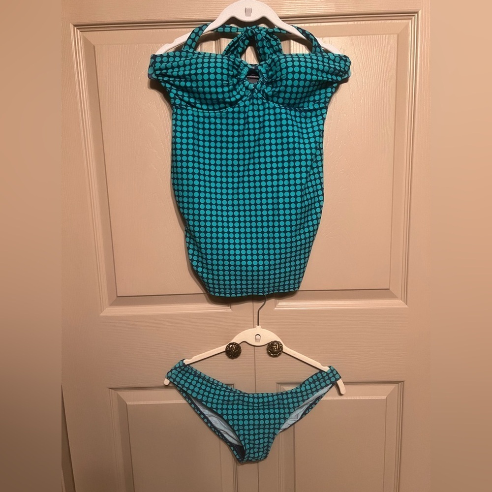 Oh Baby by Motherhood Teal and Navy Blue Polka Dot Swimwear
